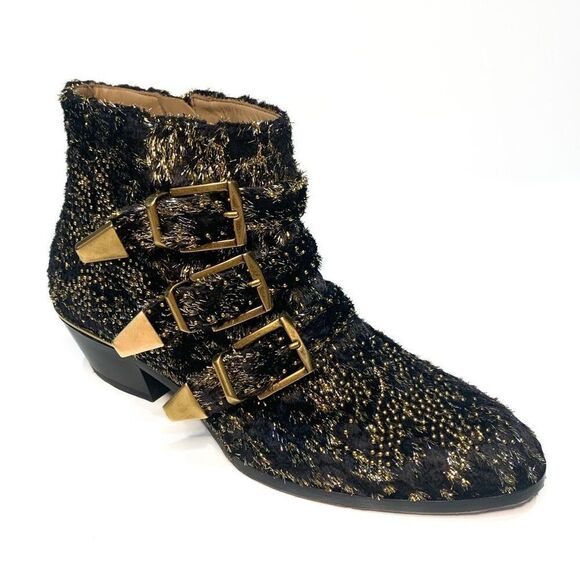 Chloé Susanna Ankle Boot EU 37 US 7 Black Velvet Studded Bootie Buckle Strap - Picture 1 of 8